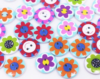 Flower Wooden Buttons, Floral Pattern, Colorful Mixed, 2 Holes, 20mm, 0.78inch, Cute and Fun, For Children Sweater Coat, Purple Orange Blue