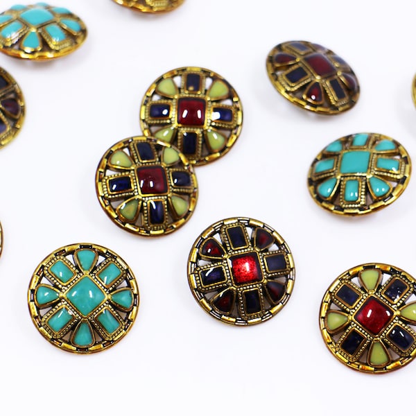 Vintage Style Metal Shank Button, BOHO Style, Dark Red Teal Green, Antique Gold Color, For Sewing Coat Jacket Sweater, Burgundy Red, 23mm