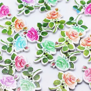 Rosen Holzknopf, Blumenform, Blumendruck, Gemischte Farben, Weiß Rosa Gelb Grün Orange, Zwei Löcher, 29 mm, Für Valentinstag Basteln