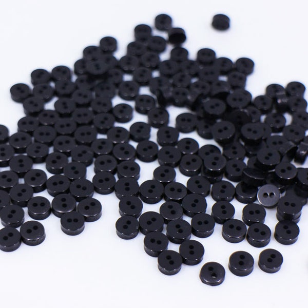 50 Tiny Black Button, Extra Small Mini Size, For Doll Cloth Making, Round Shape, Two Holes, 6mm, 0.23inch, Flat Top, Made Of Plastic