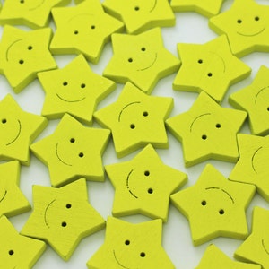 Yellow Star Wooden Button, Children Button, Baby Button, Wood Buttons, Smile Button, Decorative Button, Two Holes Sew Button, 23mm