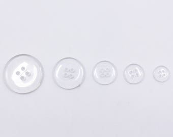 50 boutons transparents à quatre trous, transparents, boutons invisibles, 10mm, 12mm, 15mm, 20mm, 25mm, petite à grande taille, 1pouce, bord lisse, brillant