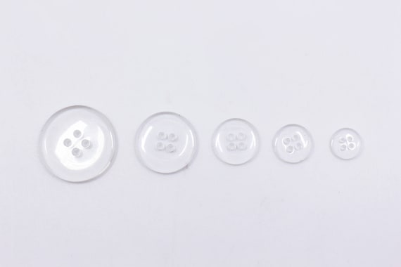 50 Clear Four Holes Buttons, Transparent, Invisible Buttons, 10mm, 12mm,  15mm, 20mm, 25mm, Small to Large Size, 1inch, Smooth Edge, Glossy 