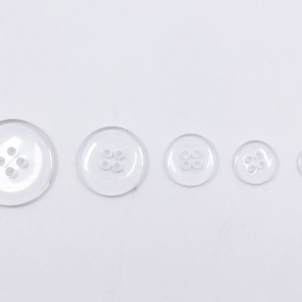 50 Clear Four Holes Buttons, Transparent, Invisible Buttons, 10mm, 12mm, 15mm, 20mm, 25mm, Small to Large Size, 1inch, Smooth Edge, Glossy