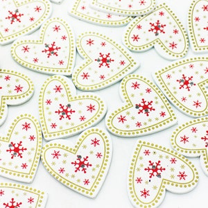 Christmas Heart Button, Snowflake Pattern, White and Red Colors, Large Heart Shape, 2 Holes, For Holidays Seasons Xmas DIY Craft Deco, 33mm
