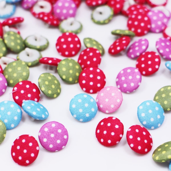 Polka Dot Fabric Shank Button, Mushroom Shaped, Mixed Colors, Dot Pattern, Pink Red Blue Green White, For Sewing Children Sweater DIY, 14mm