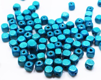 Blue Cube Wooden Bead, Square Shape, Made of Wood, BOHO Bohemian Ethnic Style, For Making Accessories DIY Craft Material, 8