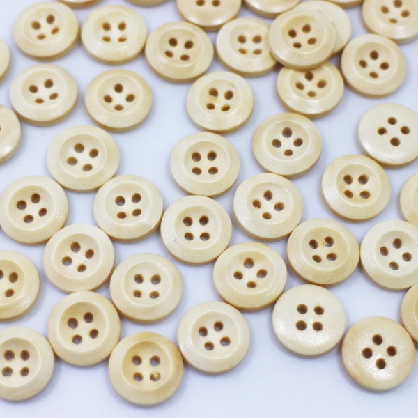 Beige Four Holes Wood Button, 13mm, 33/64inch, Raised Edge, Small Size, Cream White, Natural Wooden Made, For Sewing Shirt Blouse DIY