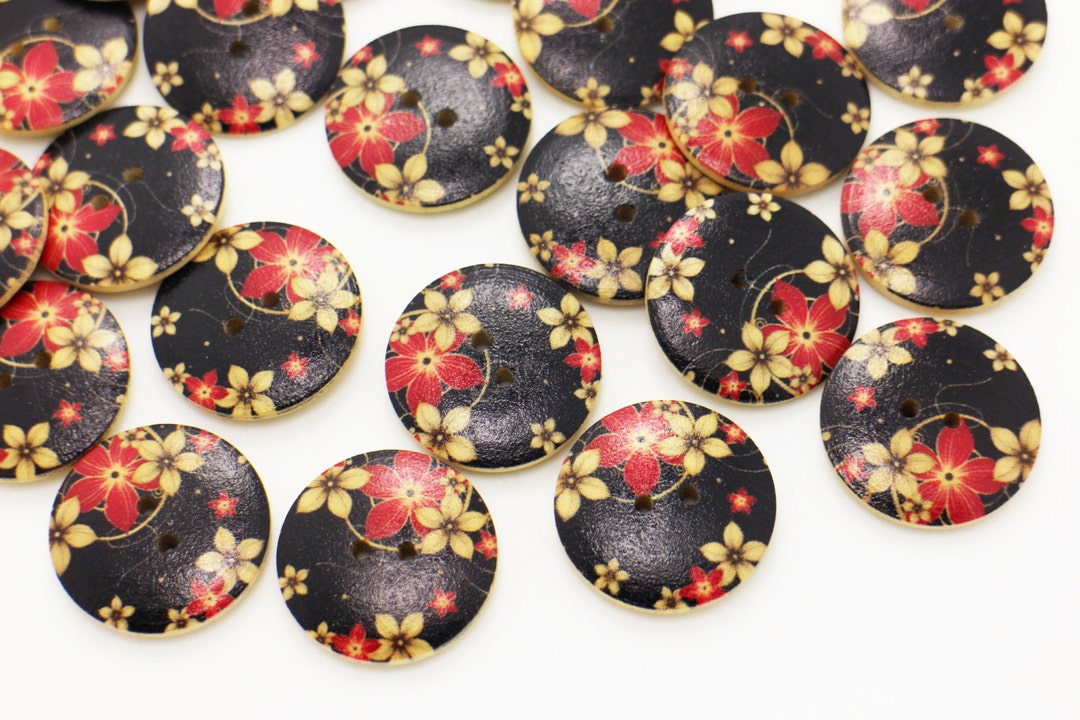 木製盆 黒ボタン花模様 M-127-9 黒桜木製ボタン、25 mm、0.98 インチ、大きいサイズ、日本の花柄