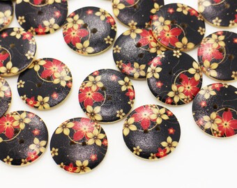 黒桜木製ボタン、25 mm、0.98 インチ、大きいサイズ、日本の花柄