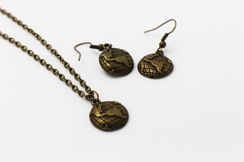 Jewelries Set Miniature,Retro Style Necklace Antique Bronze Charm Earth Necklace Bronze Planet Earrings Earth Earth Dangling Earrings