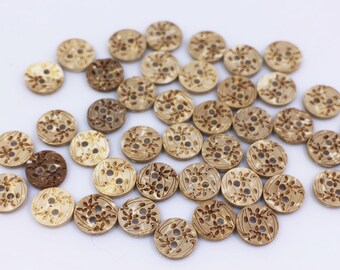 Flower Coconut Button, Floral Printed Coconut Shell Buttons, Beige Button, Small Decorative Button, Two Holes Button, 10mm