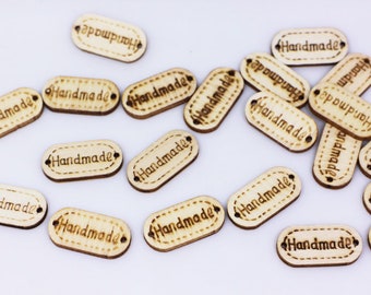 Handmade Wooden Buttons, Handmade Sign, Hand Craft, Dark Brown, Beige Color, Two Holes, Long Oval Shape, Sew On Tag,For Handmade Product DIY