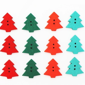 Christmas Tree Wooden Button, Mixed Colors, Green Red, For X'mas Holiday Decoration, Ugly Sweater Materials, 2 Holes, Fun Festive, 23mm