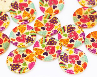 Hearts Wood Buttons, Colorful Heart Pattern, Raised Edge, Four Holesn, botón de madera, 30mm, 1.18inch, Large Size, Fun Lovely Cute Girly