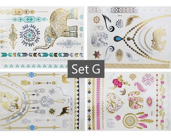 BOHO Metallic Temporary Tattoo, Gold Silver Tattoo, Music Festival, Party Accessories, Bohemian Pattern Tattoo, Tattoo Sticker, Set of 4