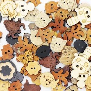 100 Coconut Wooden Mix Buttons, Fun and Cute Shaped, Assorted Animal And Flower, Brown and Beige Color, For DIY Craft Project Sewing Making