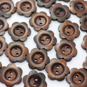 Flower Shape Wood Button, Dark Brown Color, Floral Style, Special Shaped, 2 Holes, Natural Wooden Made, 25mm, 1inch, Large Size, For Sweater