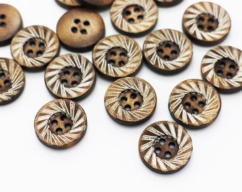 BOHO Pattern Boutons en bois, matériau en bois naturel, couleur brun foncé, 4 trous, style boho, 18mm, 0.7inch, pour veste de manteau couture bricolage