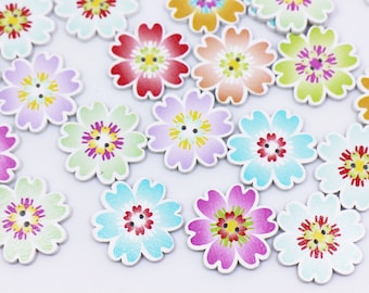 Sakura Wooden Buttons, Flower Floral Shape, Two Holes, Mixed Colors, 25mm, 1inch, Flat Large Shape, Pink Blue Red Purple Green Colors