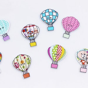 Air Balloon Wooden Button, 2 Holes, Wood Made, Cute and Colorfu, Assorted Pattern, Mixed Color, For DIY Craft Decoration Material, 29mm
