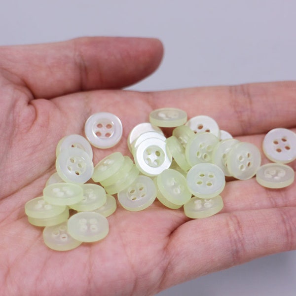 50 Pale Green Button, Raised Edge, Semi-transparent, Light Mint Green Color, Four Holes, Made of Resin, 11mm, 0.43inch, For Sewing Shirt DIY