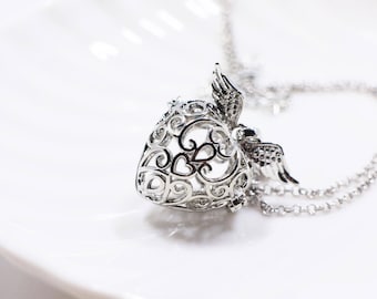 Heart Case Necklace, For Aromatherapy Oils Essential Oils Diffuser, Sterling Silver Chain, Angel Wings Decorated, Silver Color, Large Locket
