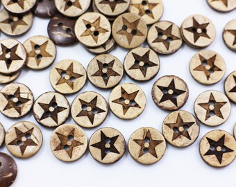 May include: A collection of brown coconut shell buttons with a five-pointed star design. The buttons have two holes for sewing.