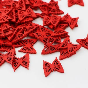 Red Butterfly Wood Button, Natural Wooden Material, Two Holes, Beautiful Elegant, Filigree Cut Out Design, Thin Flat Shape, For Crochet DIY