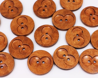 Large Brown Wooden Buttons, Brown Color, Eyes Cut Out, 2 Holes, Round Shaped, 30mm, 1.18inch, Large Size, Raised Edge, Special Unique