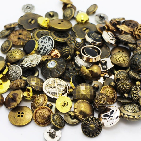 100 boutons de mélange de style vintage, lots mixtes assortis, jarret, veste de manteau à coudre, couleur dorée bronze argenté, style rétro, plastique fabriqué