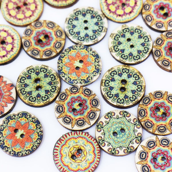 Bohemian Wooden Button, BOHO Pattern, Hippie Style, Green Brown Beige, Assorted Colors, 2 Holes, Aztec Pattern, For Sweater DIY, 20mm,0.78in