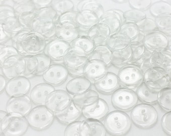 50 Clear Button, Transparent Finish, Two Holes,10mm, 15mm, 20mm, 25mm, 30mm, Small to Large Size, Smooth Edge, Made Of Resin,For Shirt Dress