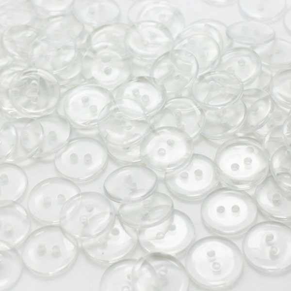 50 Clear Button, Transparent Finish, Two Holes,10mm, 15mm, 20mm, 25mm, 30mm, Small to Large Size, Smooth Edge, Made Of Resin,For Shirt Dress