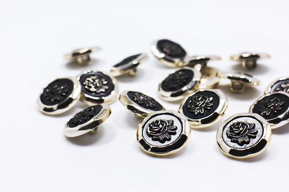 Black Rose Shank Button, Gold Color Edge, Vintage Style, Elegant Classy, For Sewing Coat Jacket Blazer, Large Size, 21mm,0.8inch,ABS Plastic