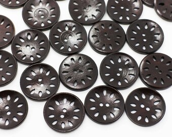 Flower Filigree Wood Buttons, Dark Brown Colors, Natural Wood Material, 2 Holes, Cut Out Style, botón de madera, 20mm, 0.78inch, Bowl Shape