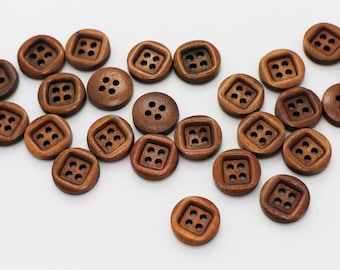 Square Four Holes Wood Buttons, Dark Brown Color, Natural Wooden Material, 14mm, Retro Style, Round Shape, Square Shape Cut Out, For Crochet