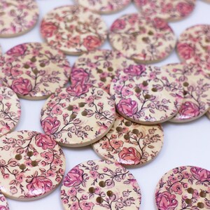 Pink Rose Wooden Button, Large Flower Pattern, Floral Print, Natural Wood, Four Holes, 30mm, 1.18inch, Pink and Beige, Vintage Style image 6