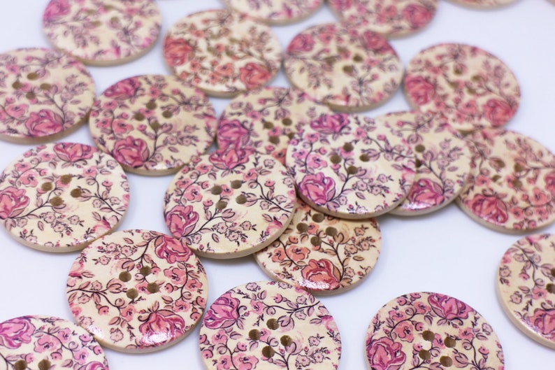 Pink Rose Wooden Button, Large Flower Pattern, Floral Print, Natural Wood, Four Holes, 30mm, 1.18inch, Pink and Beige, Vintage Style image 6