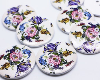 Weiße Blumen Holzknöpfe, Extra Große Größe, Blumendruck, Basteln Dekoration, Riesige Größe, Vier Löcher, 50 mm, 2 Zoll, Runde Form, Elegant