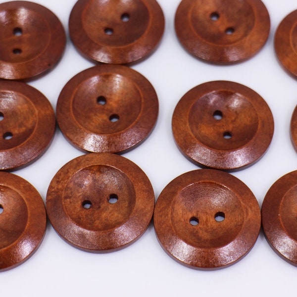 Large Red Brown Wooden Button, Big Huge Size, Natural Wood Made, Two Holes, Raised Edge, 28mm, 1.1inch, Round Shape, Dark Brown, Smooth Edge