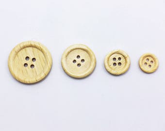 Wooden Button, Beige Four Holes Button, Shirt Blouse Button, Raised Edge Wood Button, Upholstery Buttons, 25mm, 20mm, 15mm, 11.5mm