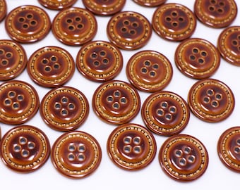 Retro Style Brown Button, For Sewing Suit Jacket Blazer Coat, Vintage Style, Glossy, Raised Center, Four Holes, Matching Size, 15mm, 20mm