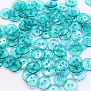 Clear Green Button, Transparent, Two Holes, Round Shaped, 11mm, 0.43inch, made of Resin, Teal Green Color, Smooth Edge, For Shirt Blouse