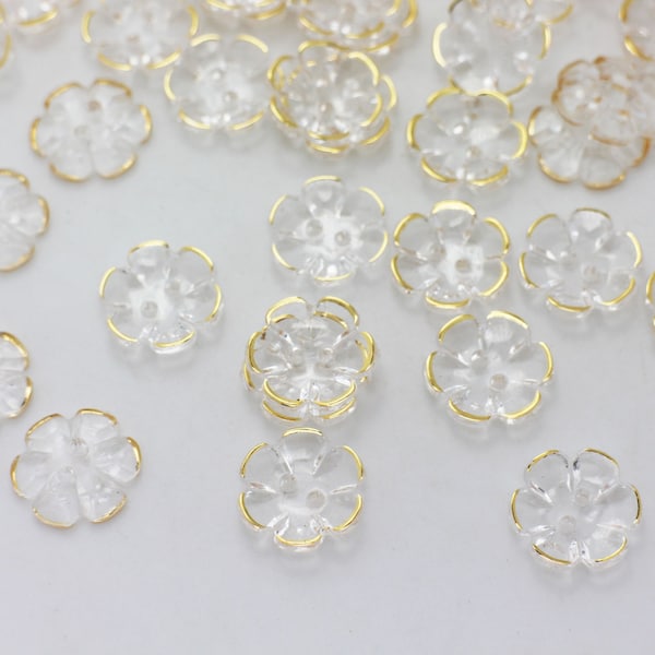 Clear Flower Buttons, Gold Color Edge,  Two Holes, Floral Shape, Transparent and Gold Color, 13mm, Half Inch, Elegant Classy Beautiful