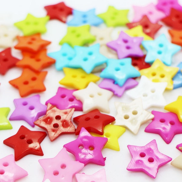 Star Shape Buttons, Rainbow Color, Made of Plastic, For Sewing Children Sweater, Decorative, Two Holes, Purple Blue Green Yellow Pink Red