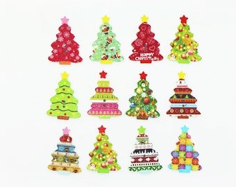 Christmas Tree Wooden Buttons, Snowflake Pattern, Assorted Patterns, Striped Print, 2 Holes, For Holidays Seasons Decoration DIY,,25mm