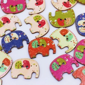Elephant Wooden Buttons, Animal Shaped, Colorful Cartoon, 2 Holes, Flat Size, Assorted Colors, Red Blue Green Pink, 28mm, For Kids Craft DIY