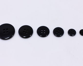 50 Black Buttons, Glossy Finish, Four Holes, Round Smooth Edge, For Business Blouse Shirt, 10mm, 11mm, 15mm, 18mm, 20mm, 25mm,Small To Large