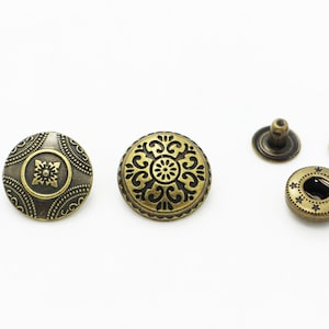 BOHO Snap Buttons, Bohemian Royal Pattern Snap Fastener, Antique Bronze Press Stud, Upholstery Buttons, Elegant Popper, DIY Craft, 17mm